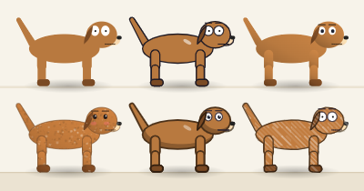 The cartoon dog drawn six times, once in each look, from Flat to Crayon.