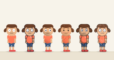 The cartoon kid drawn six times, once in each look, from Flat to Crayon.