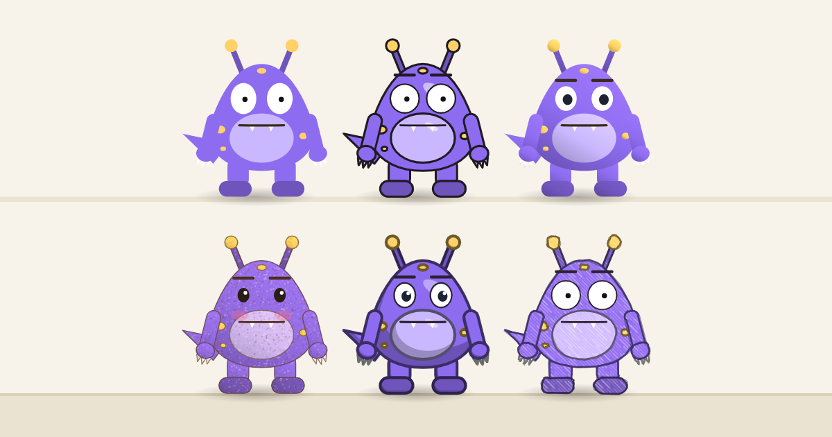 The cartoon monster drawn six times, once in each look, from Flat to Crayon.