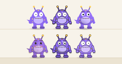 The cartoon monster drawn six times, once in each look, from Flat to Crayon.