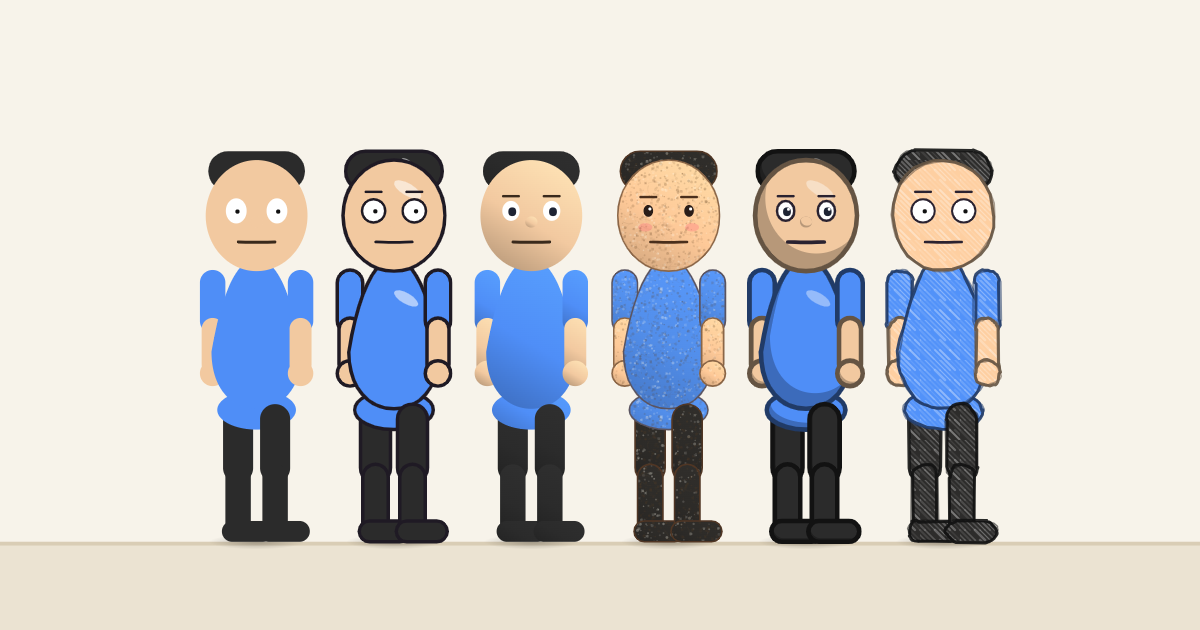 The cartoon person drawn six times, once in each look, from Flat to Crayon.