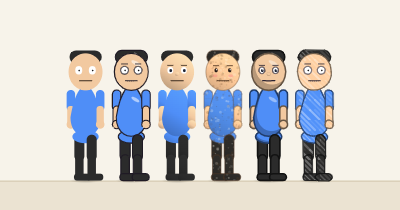The cartoon person drawn six times, once in each look, from Flat to Crayon.