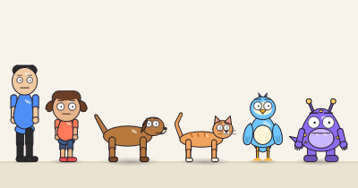 Six cartoon characters in the Outlined look, a person, a kid, a dog, a cat, a bird and a monster, with dark even outlines and flat colours.