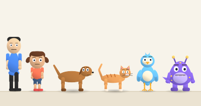Six cartoon characters in the Soft look, a person, a kid, a dog, a cat, a bird and a monster, smoothly shaded with no outlines.