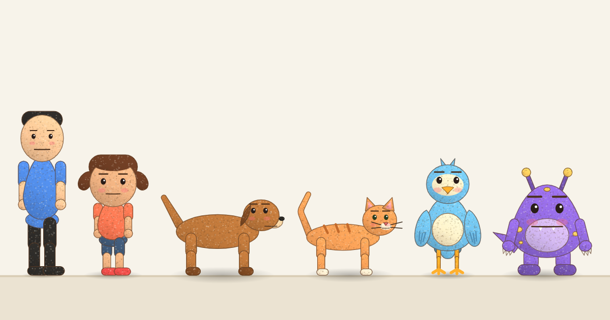Six cartoon characters in the Storybook look, a person, a kid, a dog, a cat, a bird and a monster, with thin warm outlines, a paper texture and rosy cheeks.