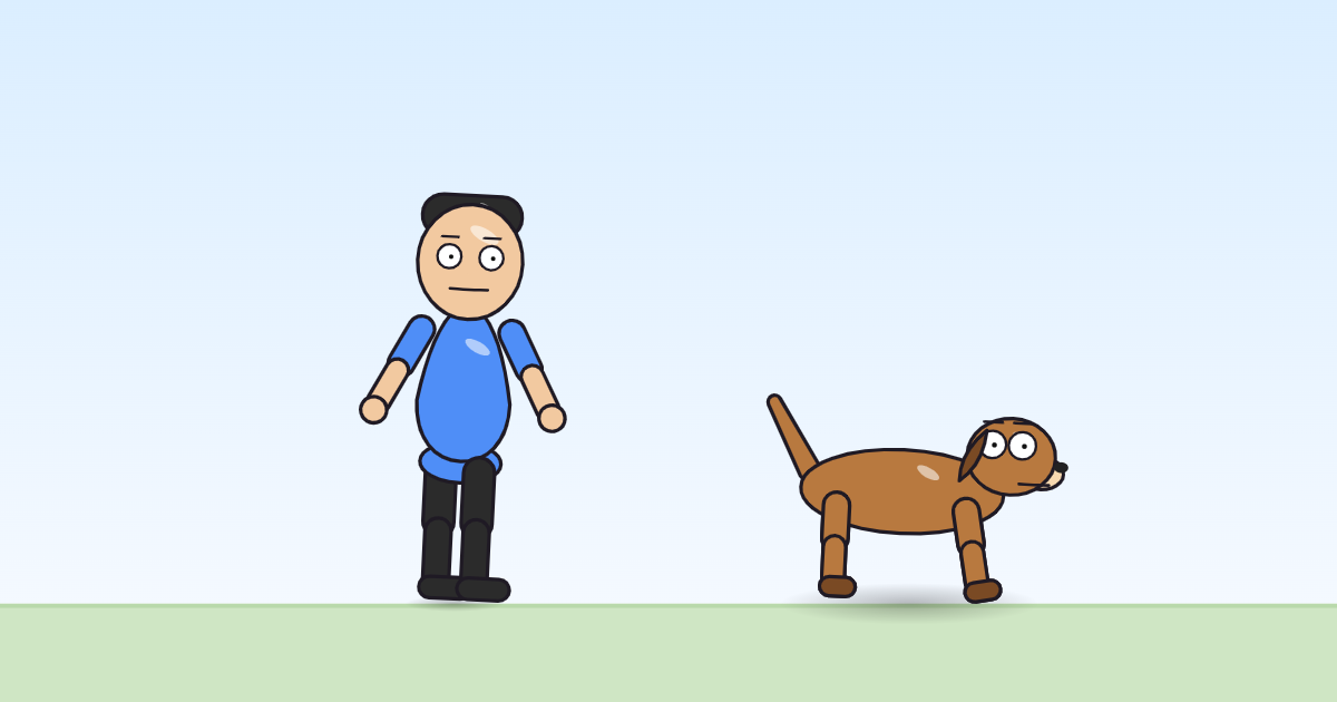 A cartoon person with both arms held out and down, standing a little to one side and tilted, and a dog beside it, both lifted slightly off the grass.