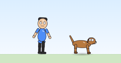 A cartoon person with both arms held out and down, standing a little to one side and tilted, and a dog beside it, both lifted slightly off the grass.