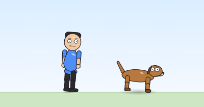 A cartoon person and a dog caught mid-shake, nudged off their resting spots and tilted a few degrees.