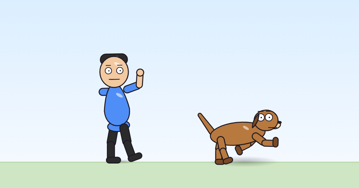 A cartoon person and a dog, both frozen with their arms raised in a brace, mid-block.