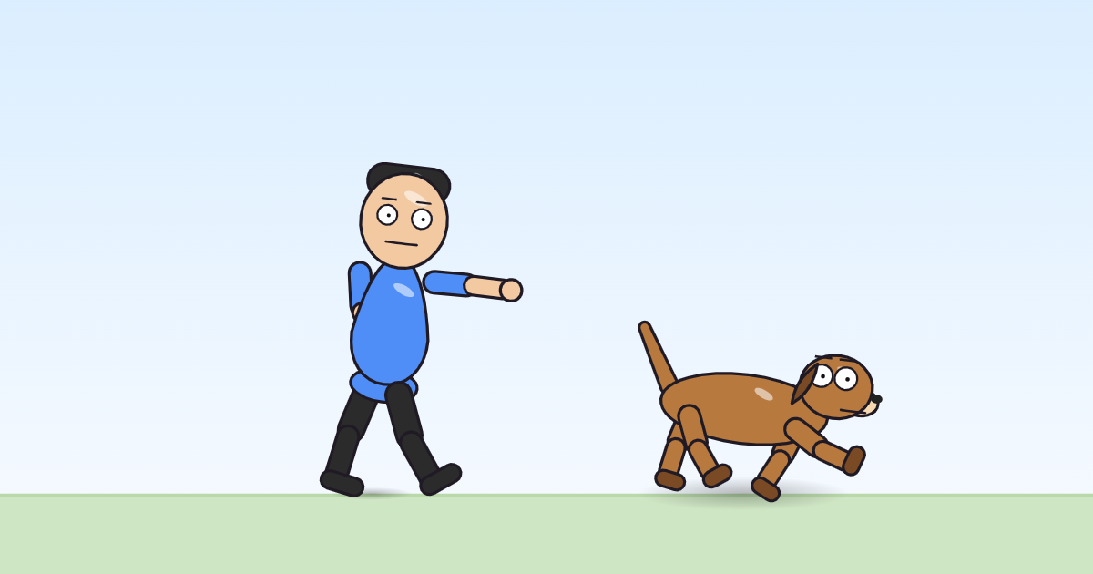 A cartoon person and a dog, both lurched sideways mid-bop, as if just bonked.