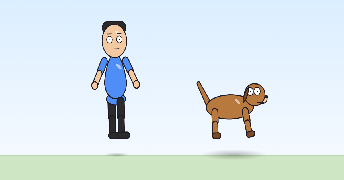 A cartoon person and a dog high in the air above the grass, the person's arms lifted out from the body at the top of the jump.