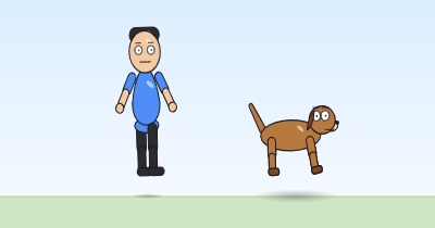 A cartoon person and a dog high in the air above the grass, the person's arms lifted out from the body at the top of the jump.