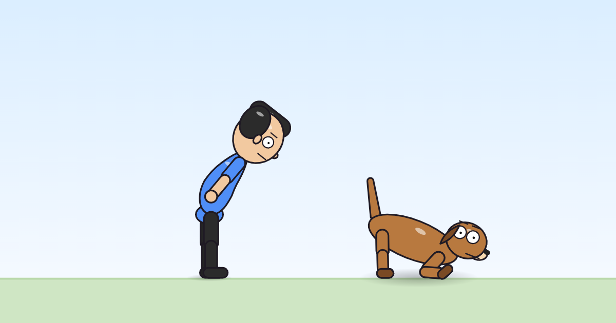 A cartoon person seen side-on, bent forward at the waist in a bow, and a dog in a play bow with its chest down and rear up.