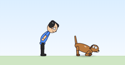 A cartoon person seen side-on, bent forward at the waist in a bow, and a dog in a play bow with its chest down and rear up.