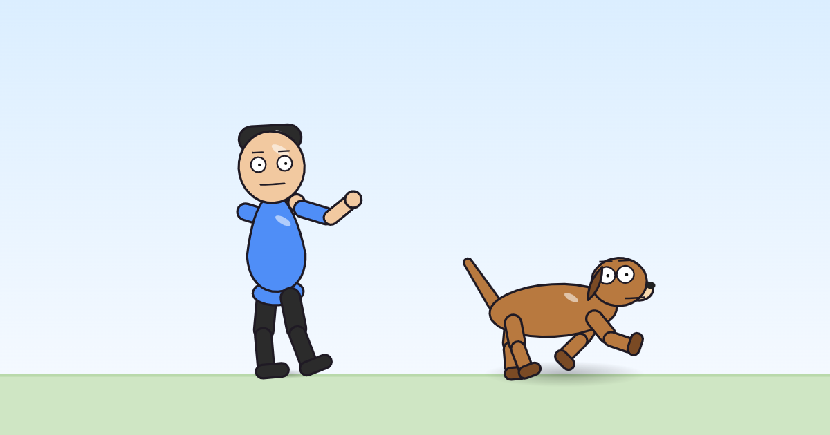 A cartoon person and a dog, both with arms out ready to catch, mid-move.