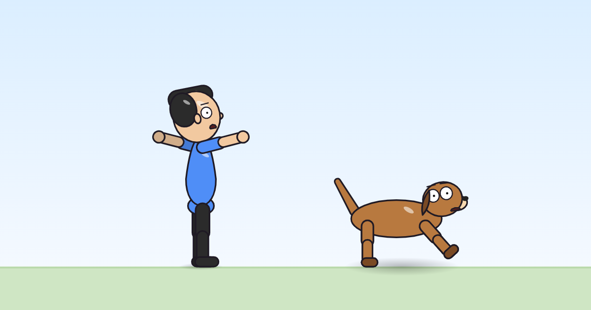 A cartoon person and a dog with arms thrown up, mid-cheer, mouth open.
