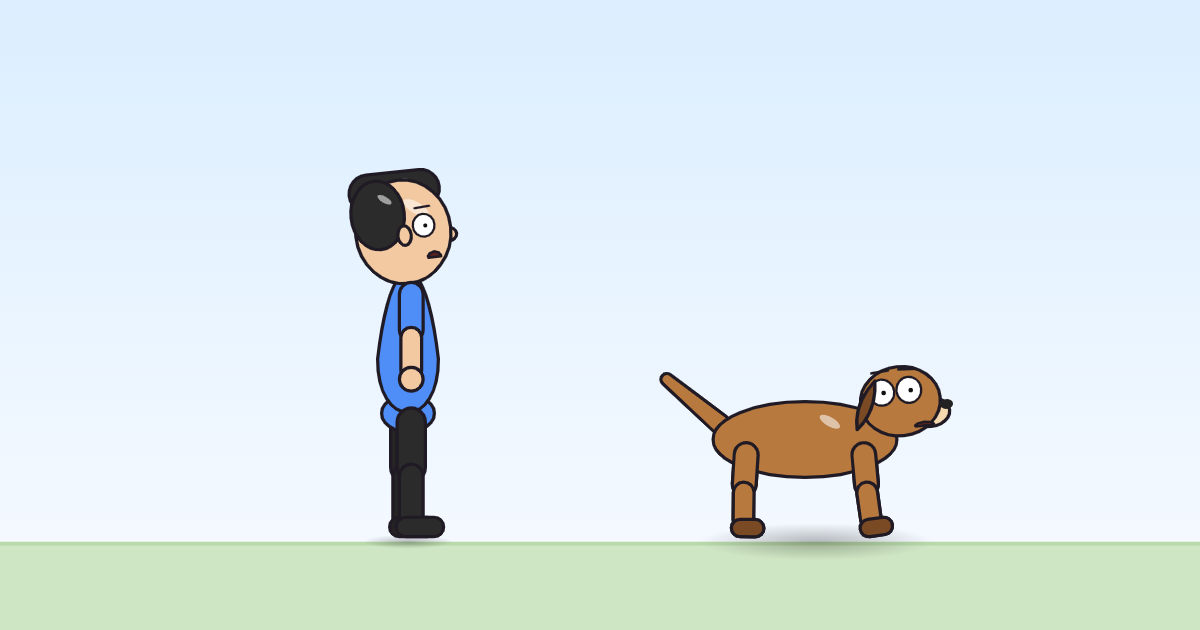 A cartoon person and a dog with its chest down and rear up, mid-play-bow, tail wagging.