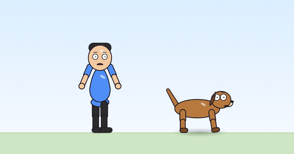 A cartoon person and a dog with arms thrown up high, mid-cheer, a happy face.