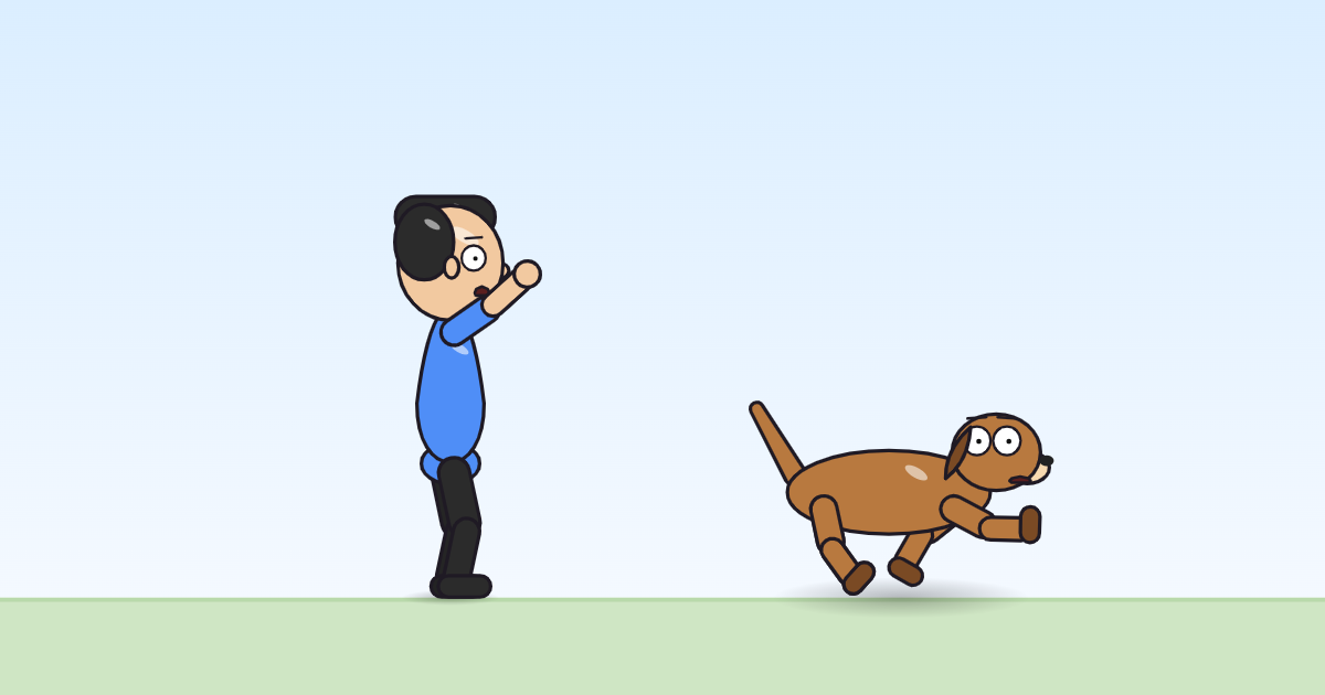 A cartoon person and a dog with arms raised overhead, mid-cheer, a happy face.