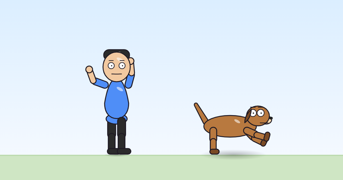 A cartoon person with both arms flung wide, one hand high and one low, and a dog with its front paws doing the same.
