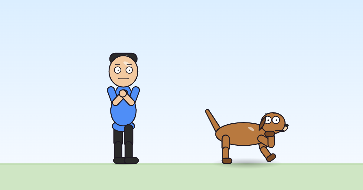 A cartoon person and a dog, both with hands brought together mid-clap.