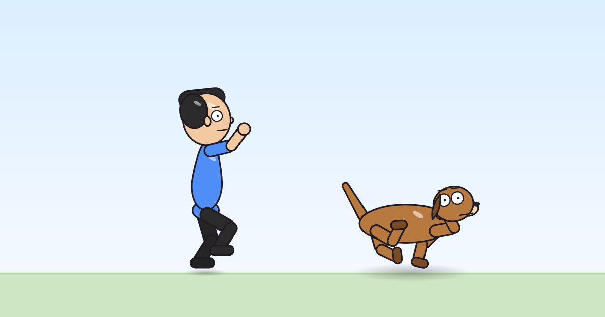 A cartoon person and a dog reaching up with one arm, mid-climb, on the grass.