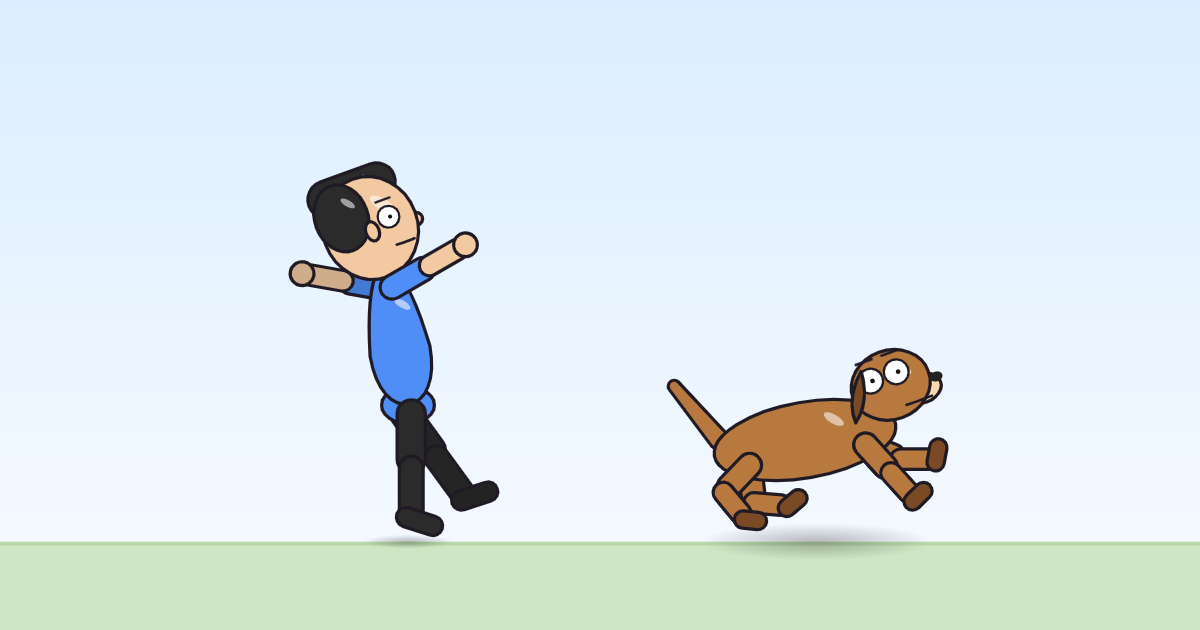 A cartoon person and a dog with arms swept back hard, body tipped up, mid-climb.