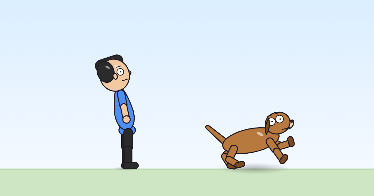 A cartoon person and a dog with front legs reaching up a wall, body tipped up, mid-climb.