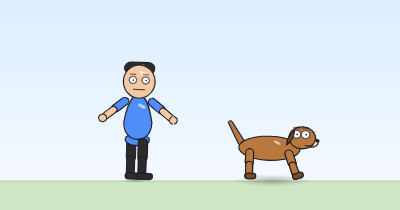 A cartoon person with both arms lifted up and out to the sides, and a dog with its front legs shifted, both trembling on the grass.