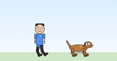 A cartoon person crouched low with both knees bent, and a dog with its legs folded under it, both sunk down on the grass.