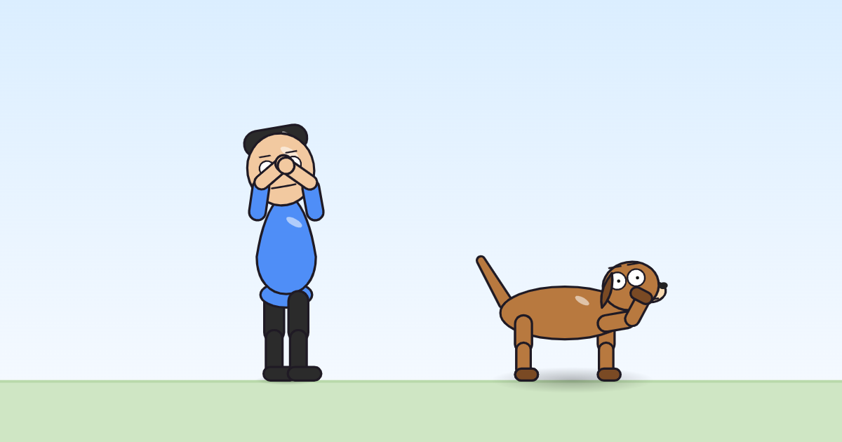 A cartoon person and a dog, both with heads down and hands over the eyes, mid-sob.