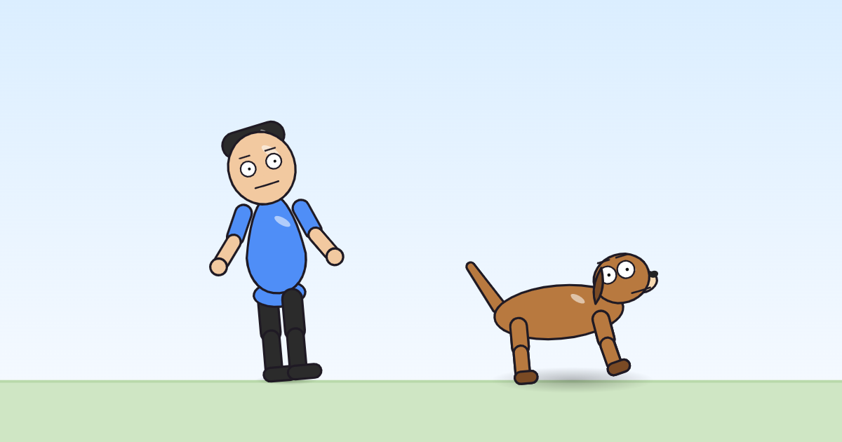 A cartoon person and a dog, both tilted and wobbling woozily to one side.
