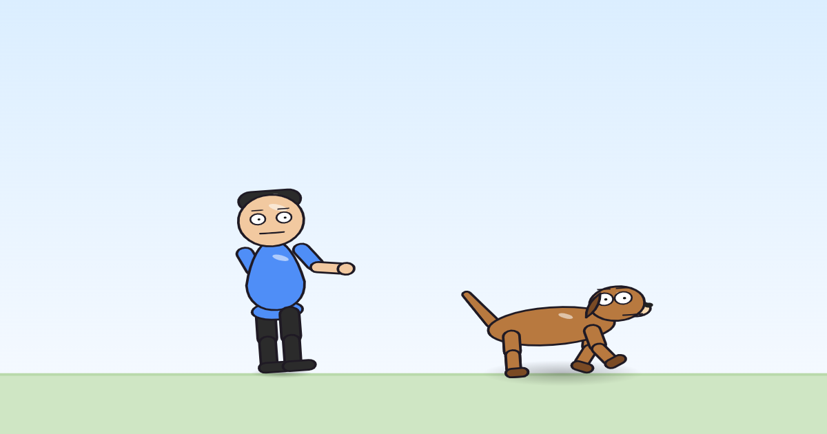 A cartoon person and a dog, both squashed down low with arms shielding their heads, mid-duck.