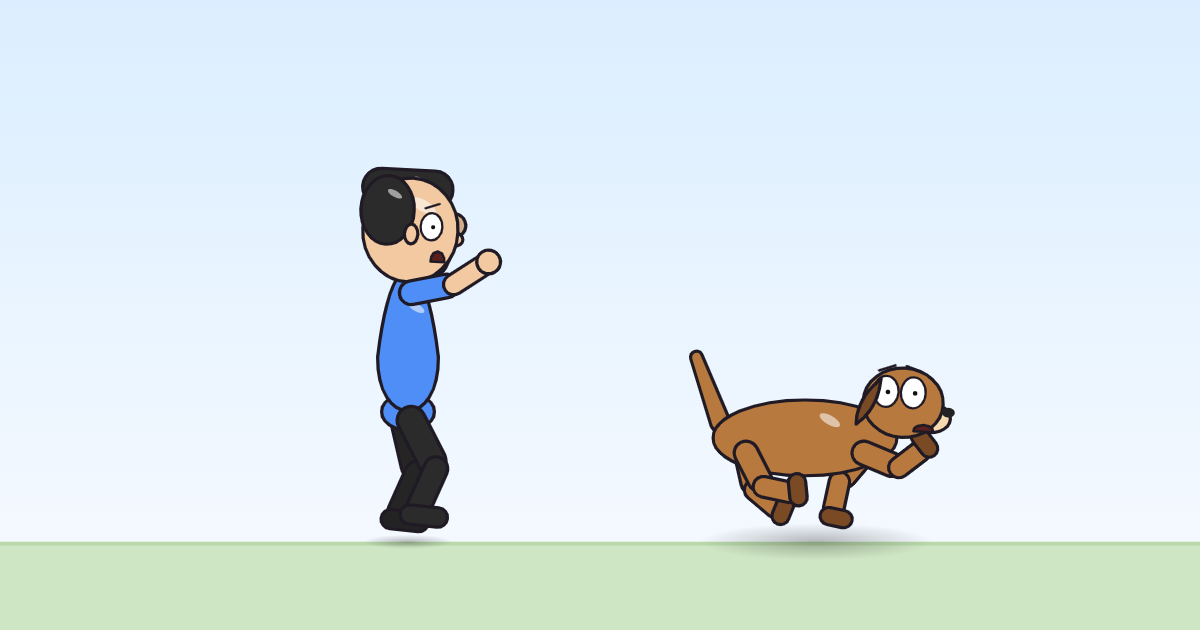 A cartoon person and a dog floating above the grass with arms thrown out and a scared face, legs kicking.
