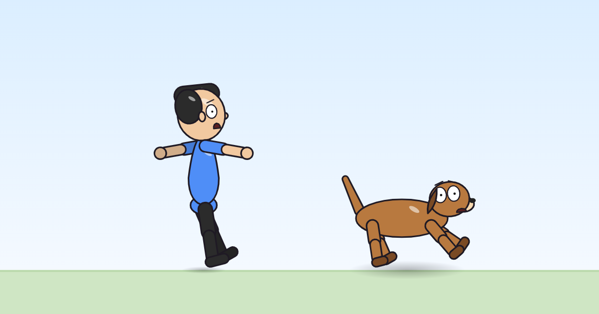 A cartoon person and a dog floating above the grass, arms flapping hard, mouth open.
