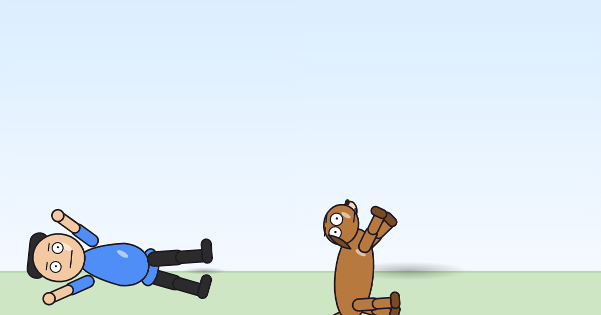 A cartoon person and a dog, both fallen flat on their backs mid-pratfall.