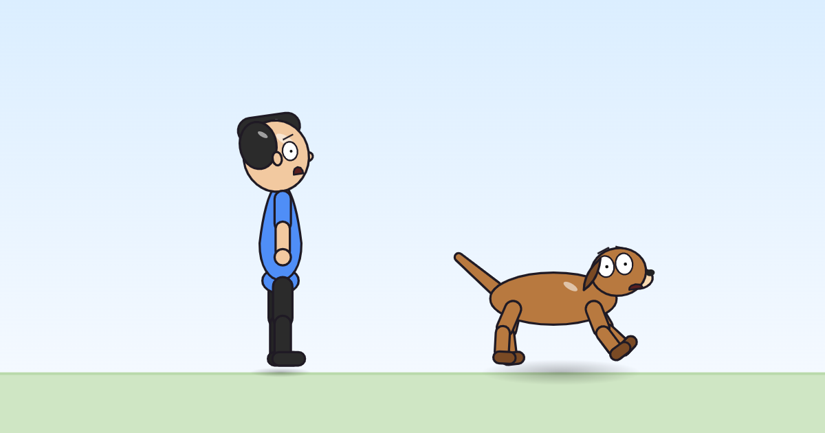 A cartoon person and a dog floating above the grass, legs spread and paddling, ears pinned back.