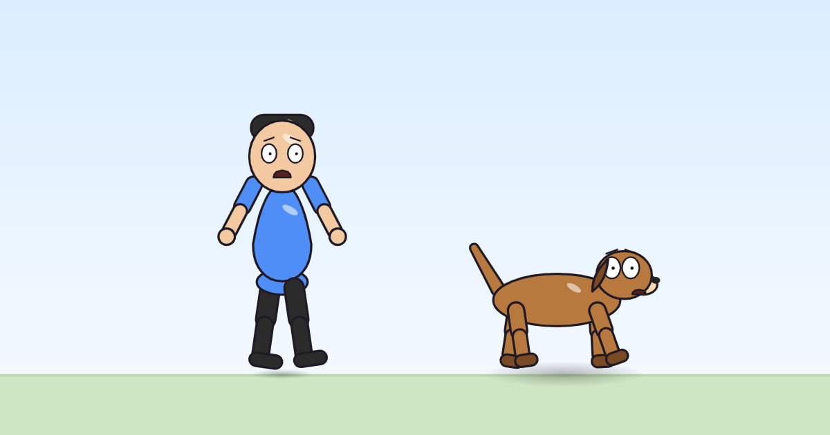 A cartoon person and a dog with arms thrown up and waving, legs kicking.