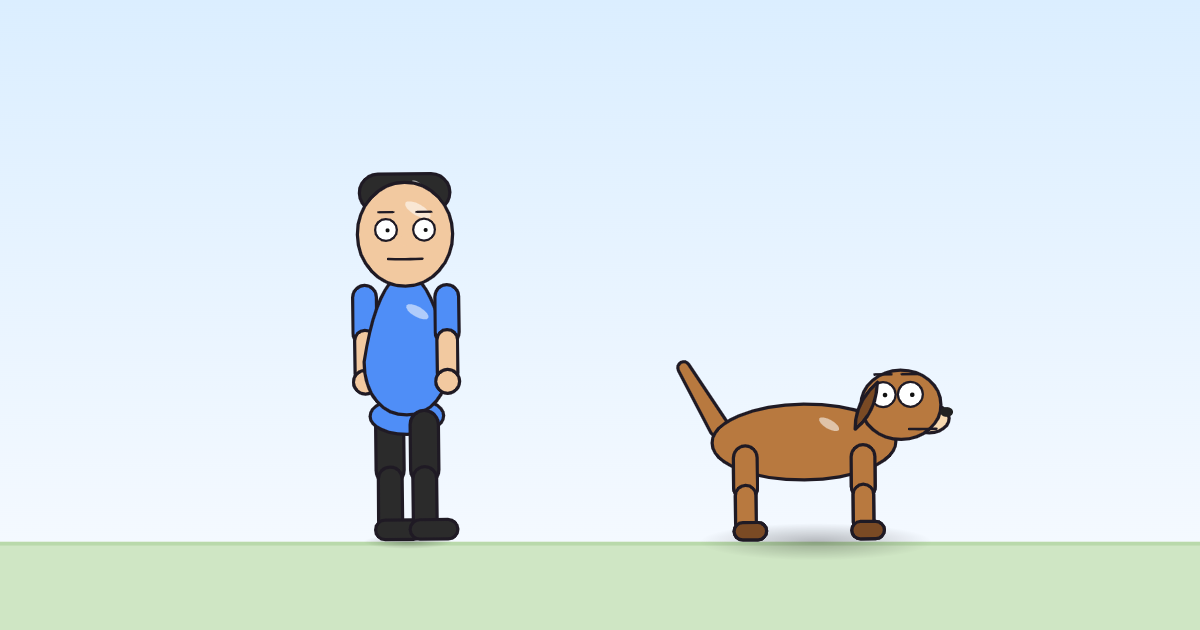 A cartoon person and a dog standing on the grass, lifted a few pixels and leaning very slightly to one side.