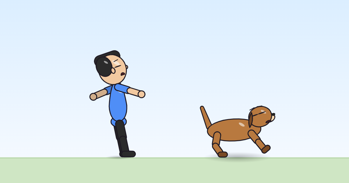 A cartoon person and a dog caught mid-flinch, arms thrown wide and eyes shut.
