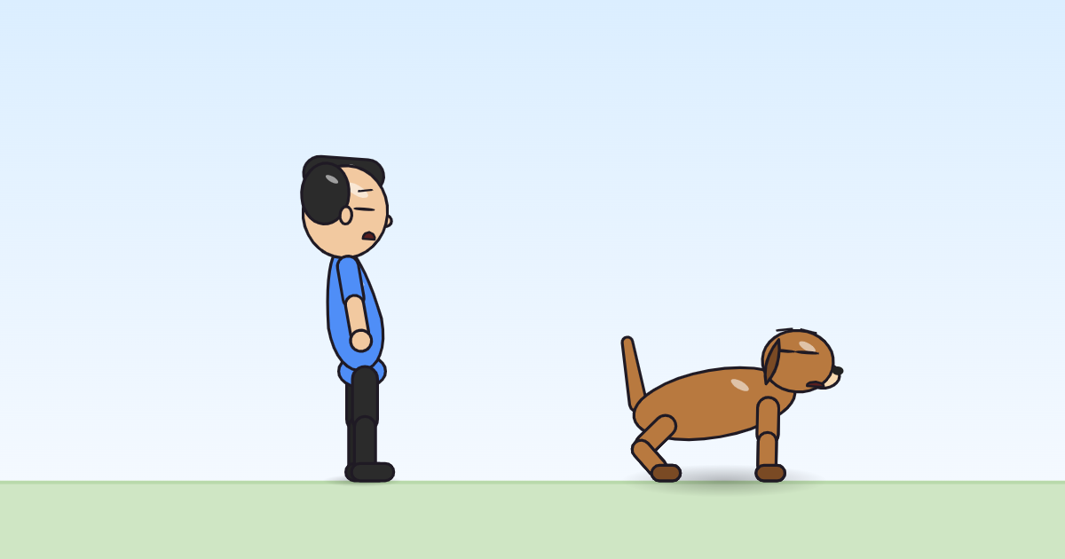 A cartoon person and a dog caught mid-flinch, head ducked and ears pinned back.