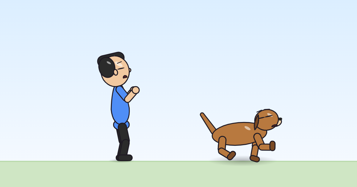 A cartoon person and a dog caught mid-flinch, arms thrown up and eyes shut, nudged off their resting spots.