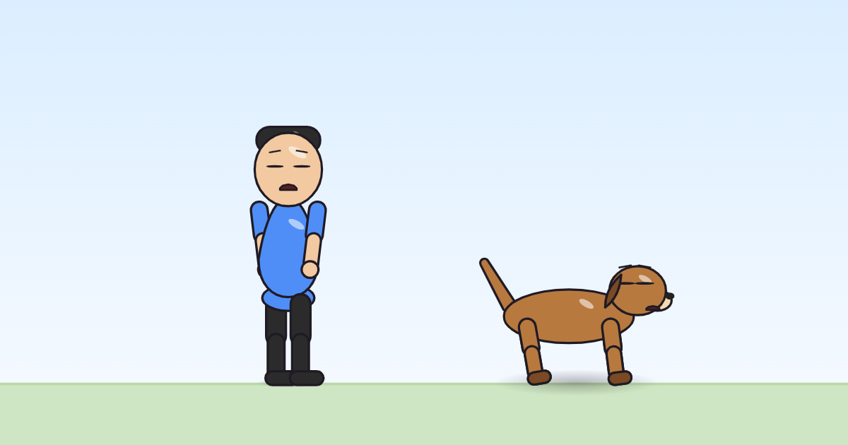 A cartoon person and a dog caught mid-flinch, arms pulled in and eyes shut.