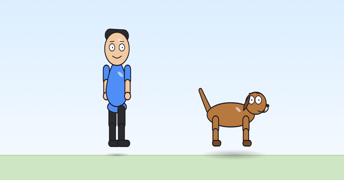 A cartoon person and a dog high in the air mid-hop, the dog's ears and tail swung behind the jump.
