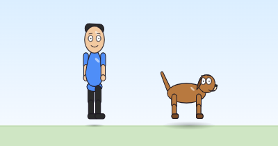 A cartoon person and a dog high in the air mid-hop, the dog's ears and tail swung behind the jump.