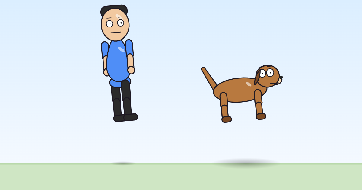 A cartoon person and a dog floating above the grass, tilted mid-flight, on their way down to land.