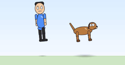 A cartoon person and a dog floating above the grass, tilted mid-flight, on their way down to land.