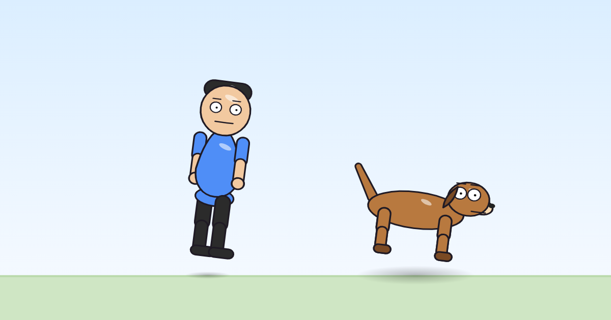 A cartoon person and a dog tilted as they rise above the grass, taking off.