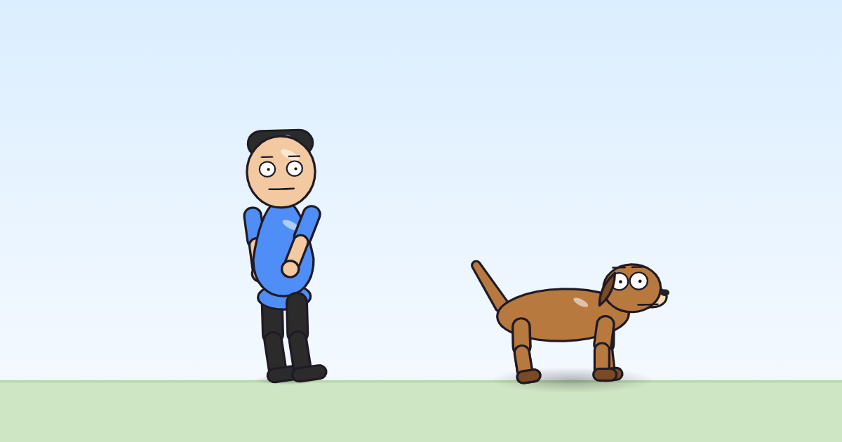 A cartoon person with the right forearm swung in across the body on the beat, and a dog beside it, both dipped slightly at the knees.