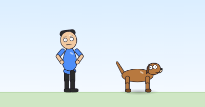 A cartoon person standing with both hands on the hips and the head tilted, and a dog standing on all four legs beside it.